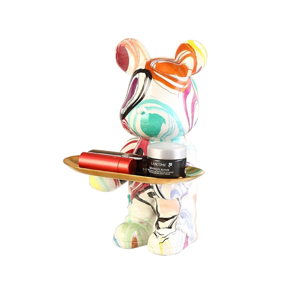 หมียืนถือถาดทองสีสายรุ้งขาว