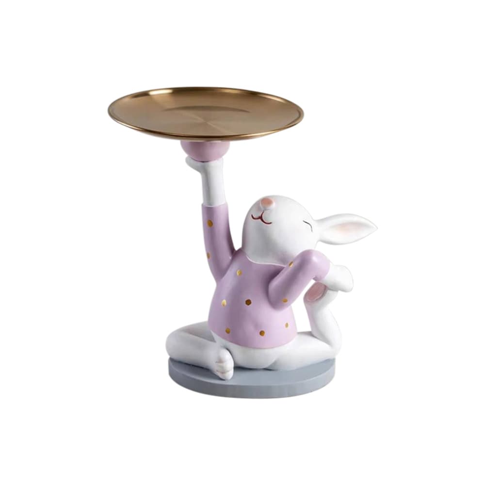 กระต่ายม่วงขาวนั่งชูถาด สูง 25 ซม.