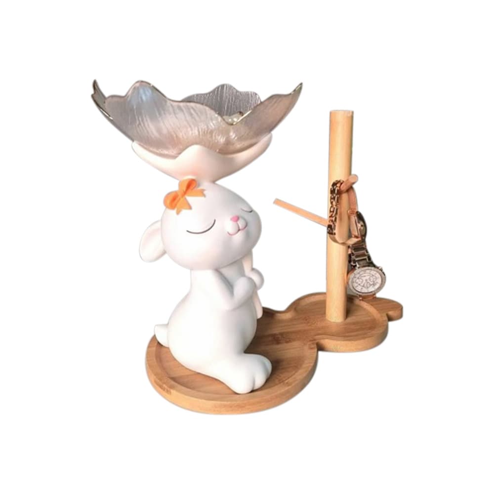 กระต่ายถือชามแก้วพร้อมฐานไม้