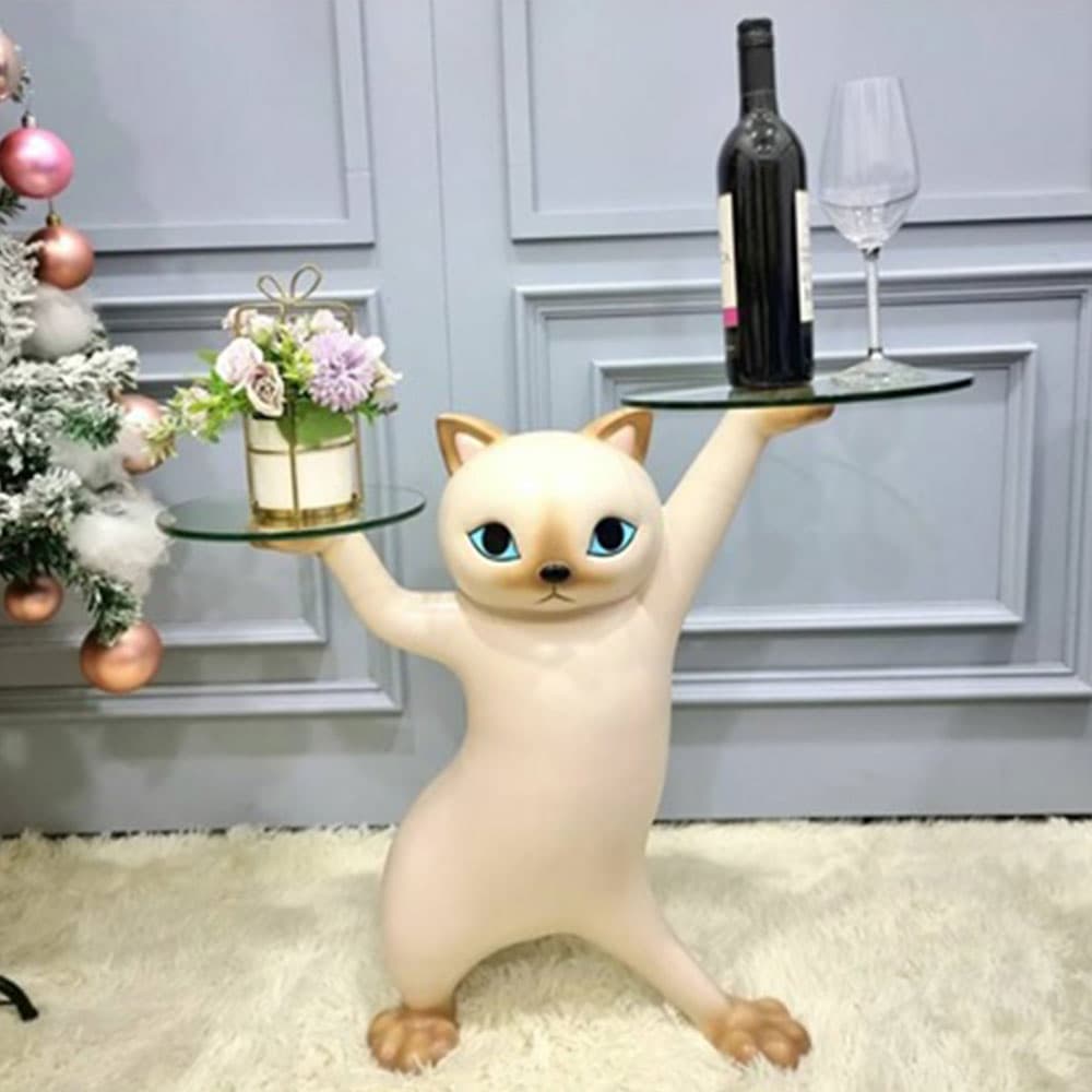 แมวครีมถือถาดกระจก 2 ข้าง