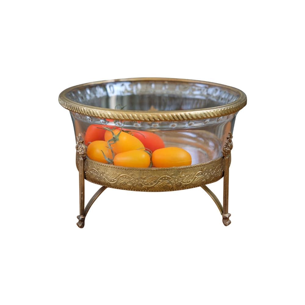 จานแก้วผลไม้เจียระไนทรงกลมสูง แต่งขอบโลหะ